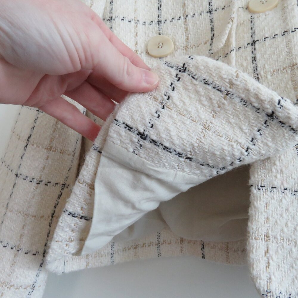 MANGO MNG Cropped Tweed Blazer in Cream Plaid Preppy Old Money Academia Size XS - Picture 8 of 13